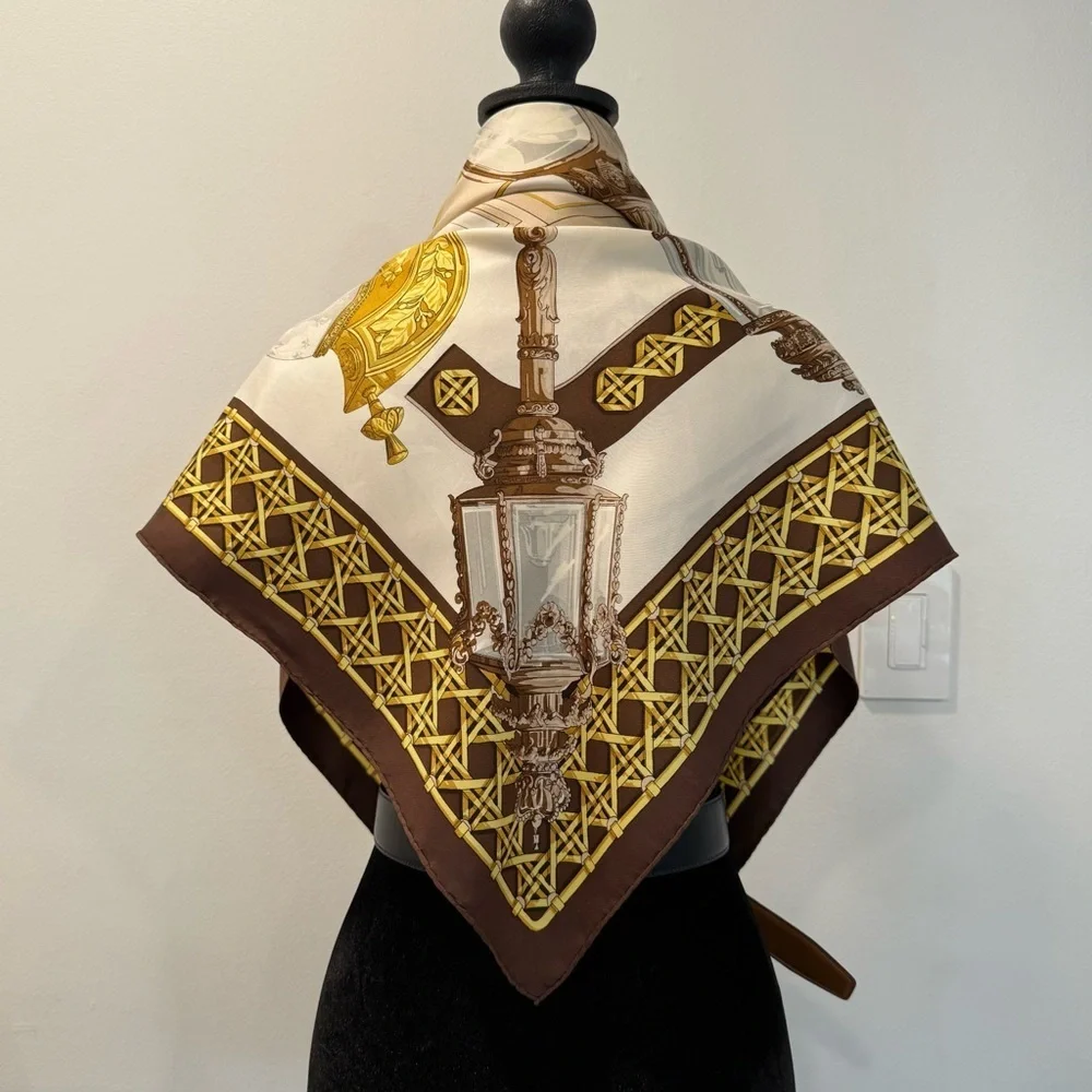 Hermes Paris Silk Scarf with Gold and Brown 34”